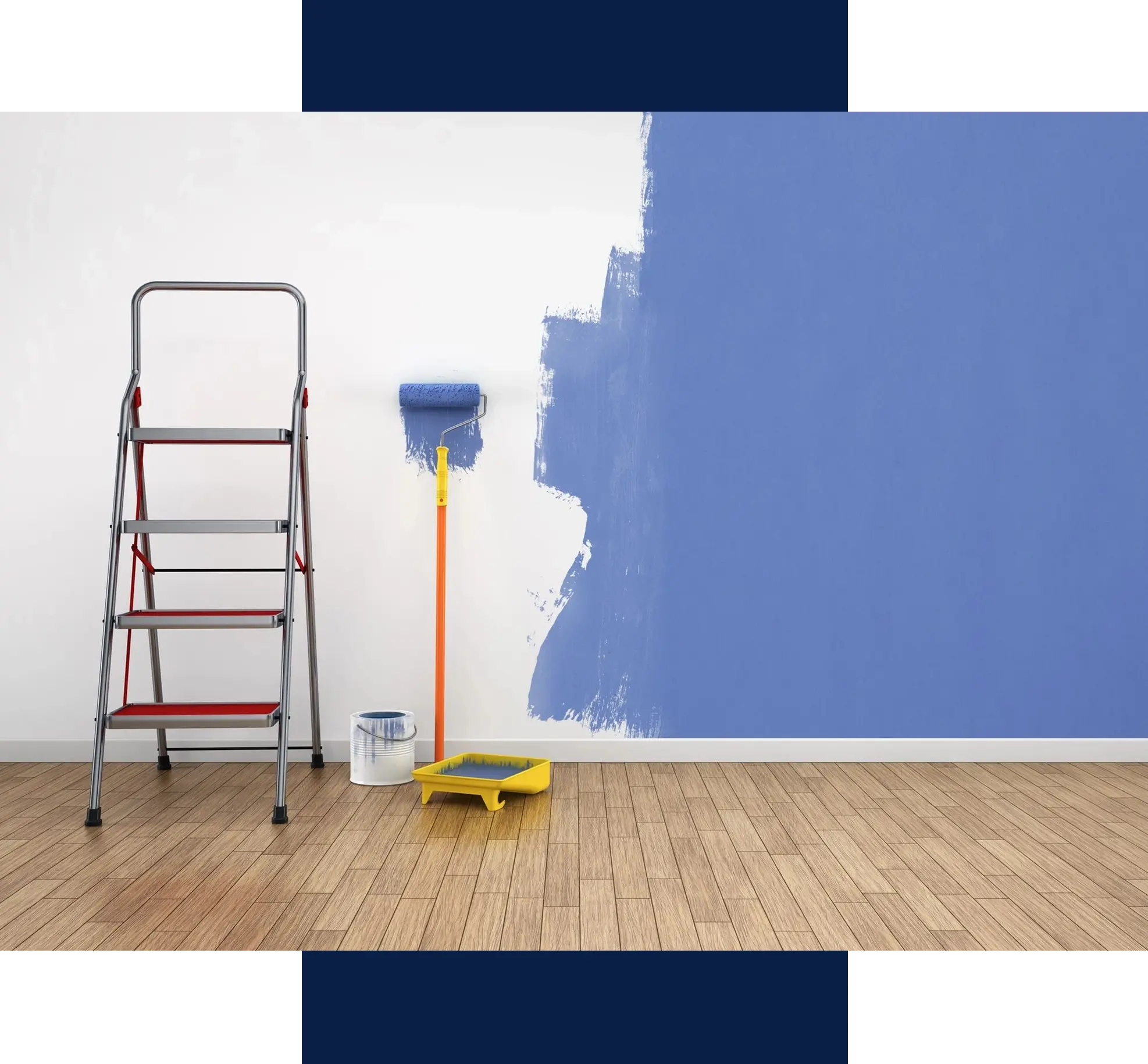 Ladder and roller painting wall blue.