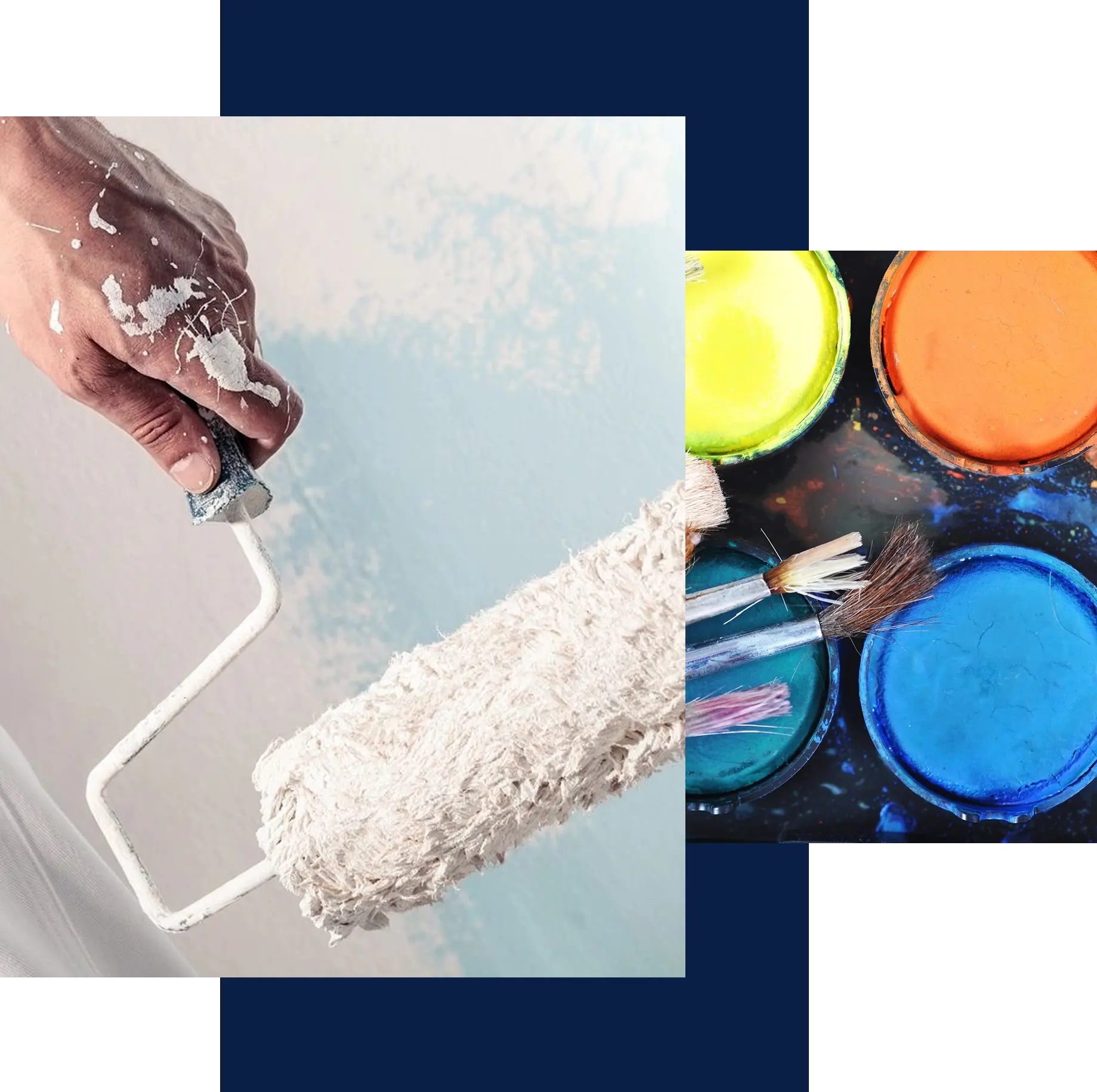 Hand painting with roller and paint cans.