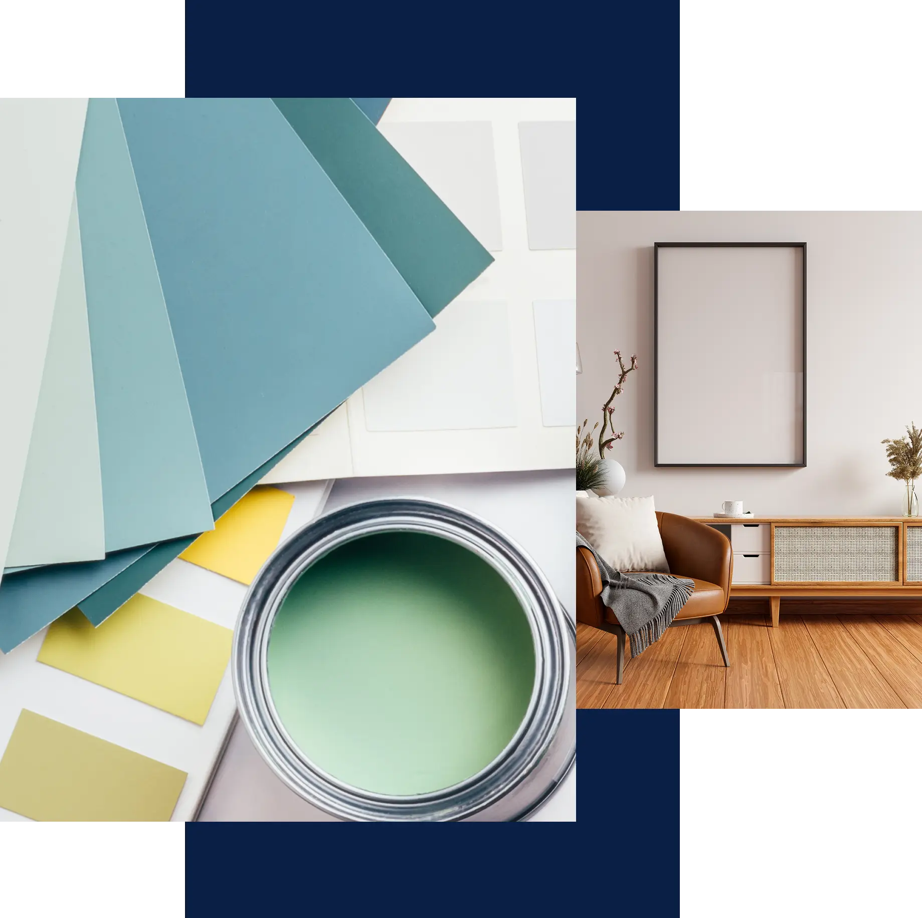 Paint swatches and living room interior design.
